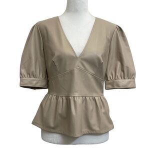 Paige Rue Nude Beige Faux Leather Structured Peplum Blouse Top